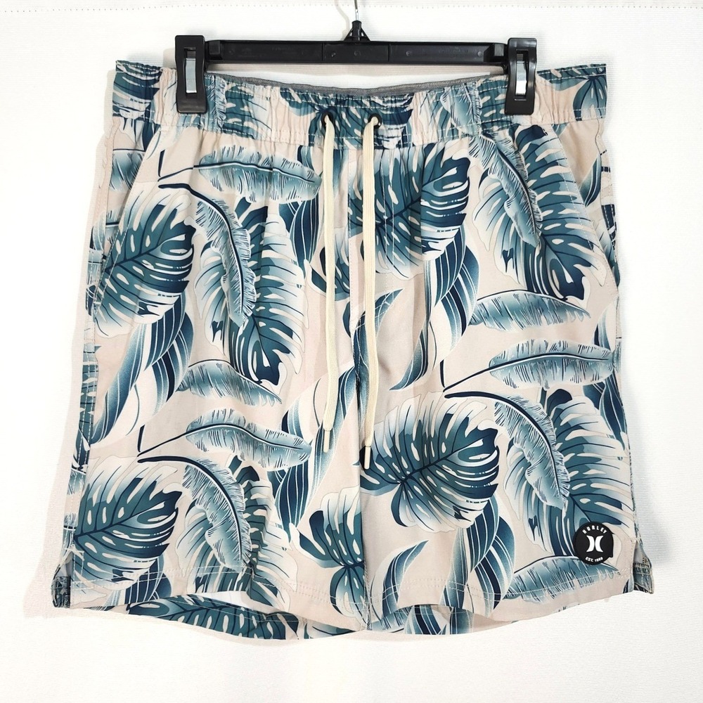 Hurley Lined Swim Trunks Mens Large Tropical Palm Leaf Print Green Cream Shorts